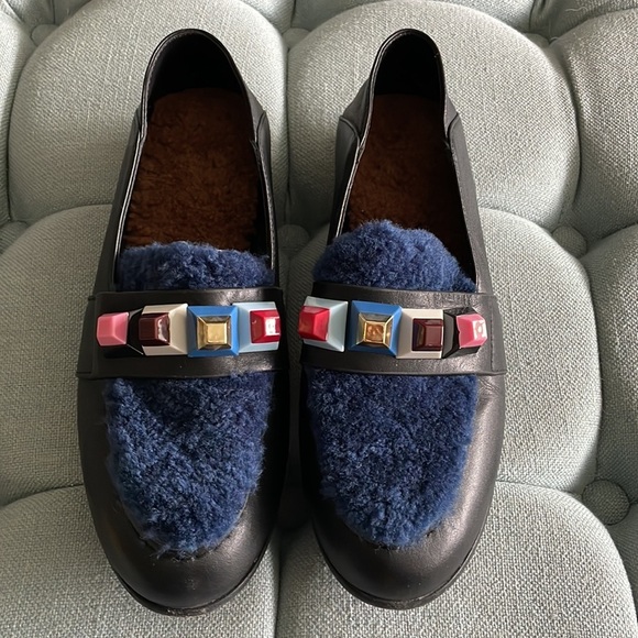 Fendi Shoes - Fendi Shearling Loafer With Pyramid Embellishments